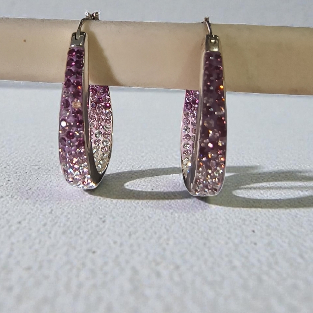 Sterling Silver Purple Ombre Crystal Teardrop Hoop Earrings